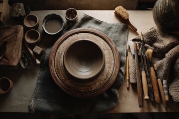 A rustic potter’s wheel spins wet clay surrounded by artisan tools, capturing the texture and tradition of ceramic craftsmanship in a warm studio workspace.