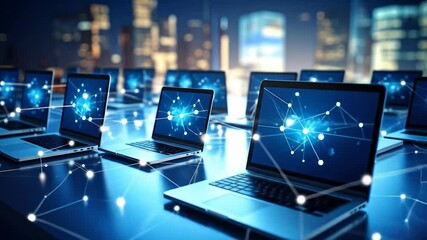 Connected laptops display a digital network against a cityscape backdrop - Powered by Adobe