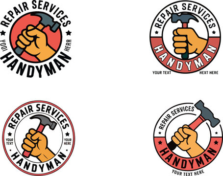 Orange hand holding hammer repair services handyman logo vector