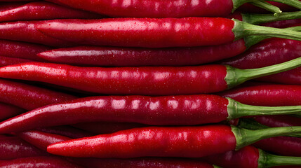 Fresh red chili peppers are stacked closely together, showcasing their glossy skin and vibrant color in a market