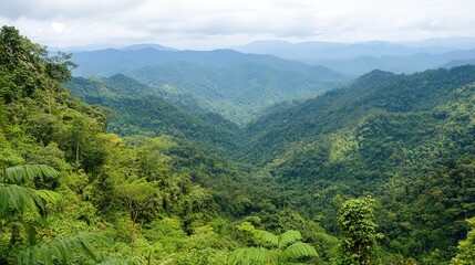 Obraz premium Lush Green Mountain Landscape with Rolling Hills and Dense Forest Under Cloudy Sky Capturing the Beauty of Nature in Tropical Environment