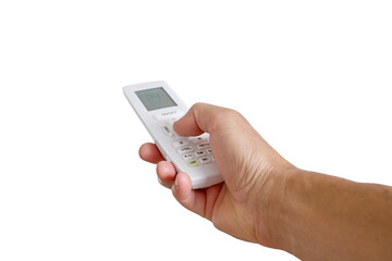 Hand holding remote control for air conditioner isolated on white background. Finger pressing...