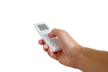 Hand holding remote control for air conditioner isolated on white background. Finger pressing button on remote control