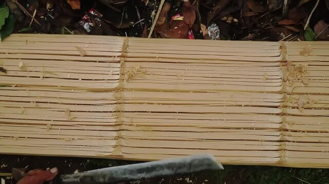 Wood Carving Process with Tool and Shavings
