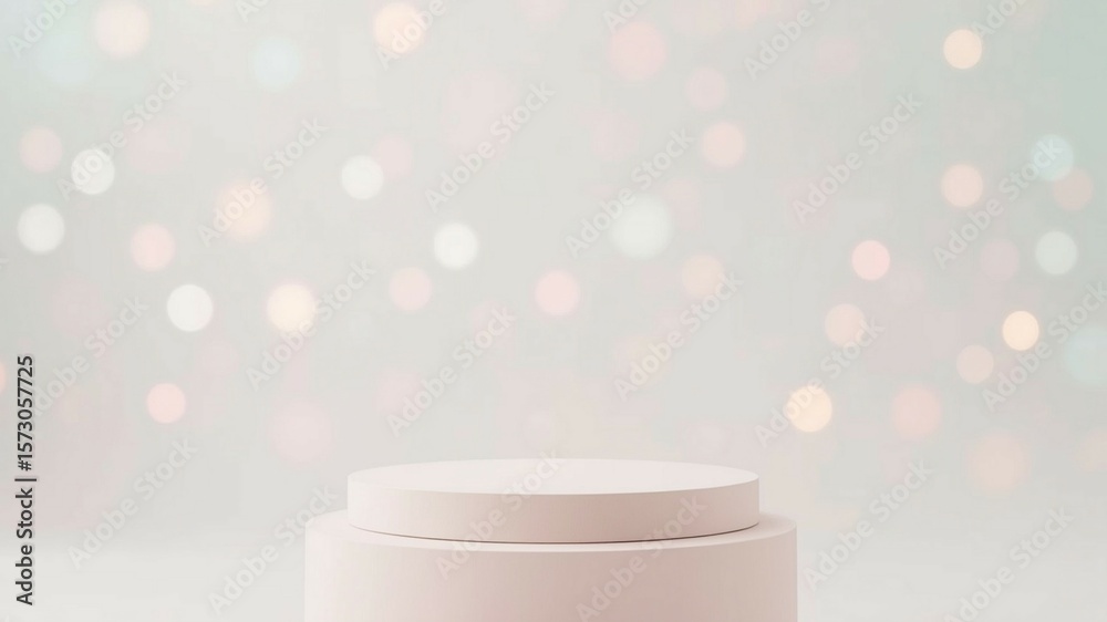 Fototapete pastel-colored podium in front of a soft, dreamy background with floating bokeh lights, minimalistic