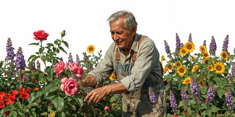 An elderly man tending to a vibrant flower garden with roses sunflowers and lavender in the sunshine