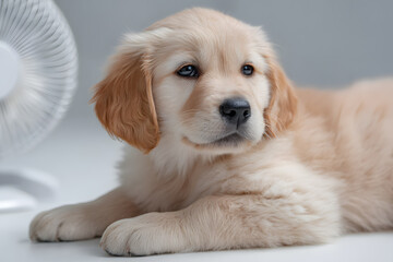 A golden retriever puppy lies on a soft surface, enjoying a gentle breeze from a nearby fan in a well-lit room