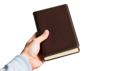 Hand holding notebook isolated on transparent background