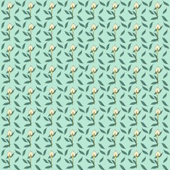 ง Seamless pattern of yellow torch winger flowers with leaves on light blue background 