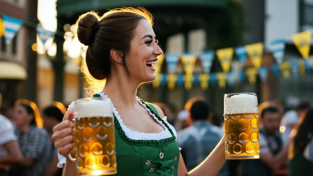 Smiling woman in dirndl holding beer mugs at Oktoberfest outdoors