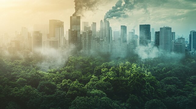 Contrasting image of urban skyline with industrial smoke above lush green forest highlights environmental impact and air pollution issues