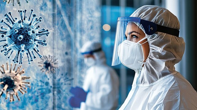 Health professional in protective gear observing virus illustration, emphasizing pandemic response and safety measures in a medical environment. - Powered by Adobe