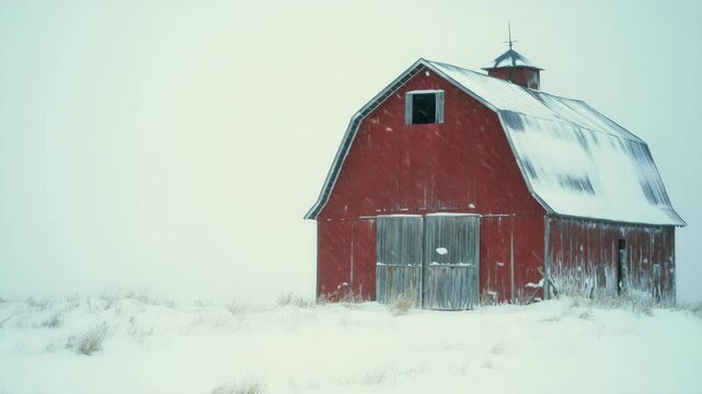 A snow-covered red barn. Barn door is open, showing inside is dark. The scene has a desolate and abandoned feel with the barn alone in a winter landscape.