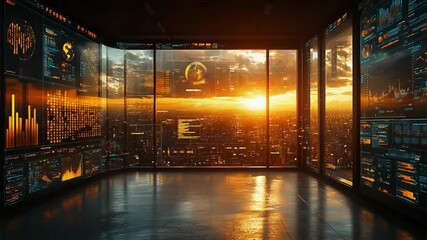 Digital Command Center: Inside a high-tech command center, large displays showcase intricate data streams and global information, with a breathtaking city vista in the background. - Powered by Adobe