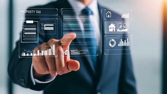 Businessman uses virtual interface to manage property tax forms, housing payments, and real estate income records for effective digital financial planning and asset management.