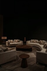 Spacious living room with black background