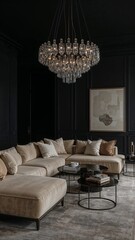 Spacious living room with black background