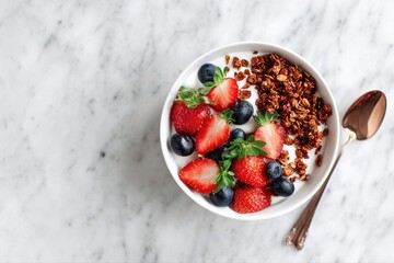 A minimalistic breakfast bowl filled with granola and fresh strawberries, topped with more sliced strawberries.