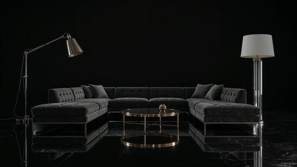 Spacious living room with black background
