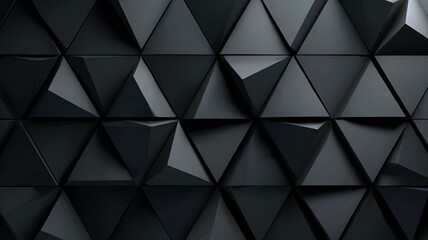 Geometric abstract background of 3D tessellated triangles in dark gray tones, with subtle lighting enhancing depth and modern minimalism background.