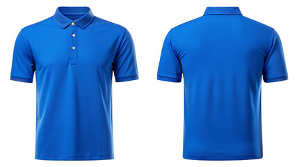A vibrant blue polo shirt is displayed, showing both the front and back views against a clean white background