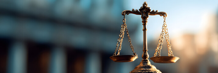 lawyer education law firm consultation and support help service abstract background, scales of justice and courthouse building banner with copy space