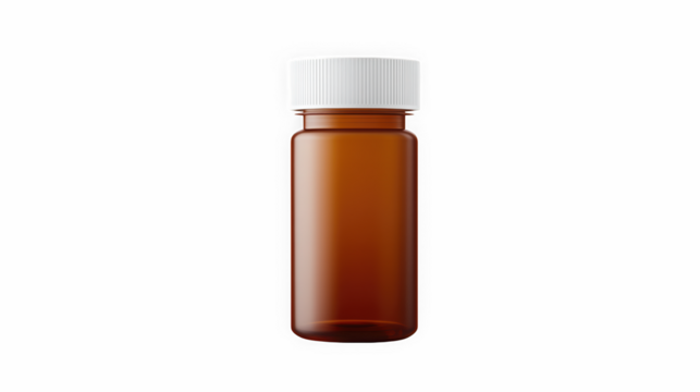 Small amber bottle with white ribbed cap isolated on white background, generic pharmaceutical or supplement container used for product mockups
