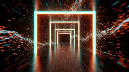 Orange and teal neon lights are creating a futuristic tunnel effect with particles, suggesting a fast movement towards a technological and abstract destination - Powered by Adobe