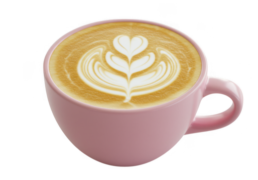 Pink ceramic cup with latte art coffee isolated on transparent background