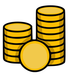 A playful vector illustration of three stacks of gold coins, one single coin, with bold outlines and vibrant yellow hues, perfect for financial or game design.