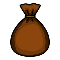 A vector illustration of a simple, hand-drawn style brown sack, tied with a thin rope, isolated on a white background, perfect for game design or childrens books.