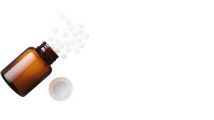 Amber medicine pill bottle mockup with white background and loose scattered tablets, open container concept for pharmaceutical, supplement, or healthcare use
