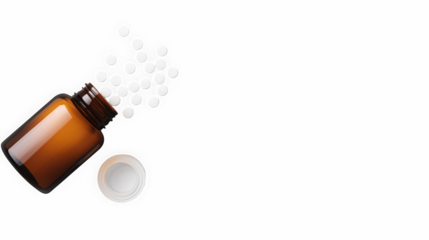 Amber medicine pill bottle mockup with white background and loose scattered tablets, open container concept for pharmaceutical, supplement, or healthcare use
