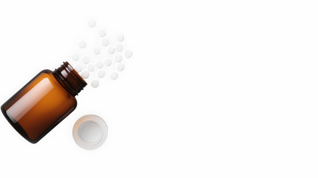 Amber medicine pill bottle mockup with white background and loose scattered tablets, open container concept for pharmaceutical, supplement, or healthcare use
