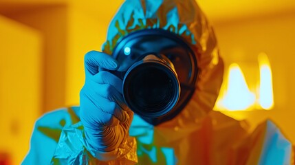 Person in protective gear pointing camera lens forward in brightly colored environment, emphasizing safety, technology, and modern photography concepts