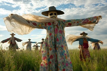 An old, traditional art sculpture of a cowboy on a horse in the woods, with a woman in a dress and hat nearby, reminiscent of a scarecrow or doll, is a timeless depiction of people on a farm