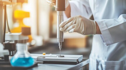 Scientist conducting precise laboratory experiment with modern equipment and protective gloves, highlighting scientific research and innovation in a controlled environment.