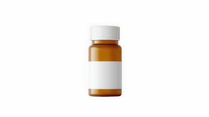 Small amber brown glass pill bottle mockup with white cap and blank label, isolated on white background, for medicine, supplement or pharmacy use
