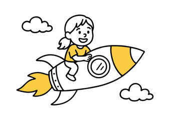 Girl Flying in Yellow Rocket. Spaceship Adventure, Astronaut Child, Space Flight, Child Pilot, Education. Hand Drawn Doodle Style Vector Illustration