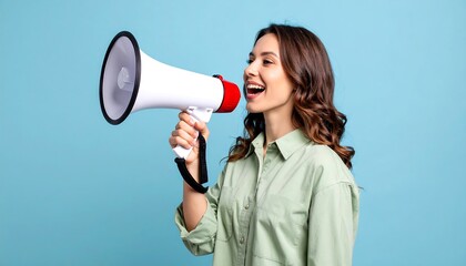 Joyful Young Woman Shouting into Red and White Megaphone Against Blue Background in Studio