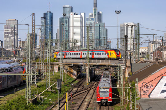 Commuter trains of HLB Hessische Landesbahn GmbH and S-Bahn Rhein-Main at main railway station in Frankfurt, Germany