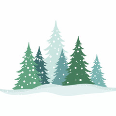 Snowy evergreen trees in winter landscape with white background  