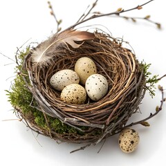 Obraz premium Natural Bird Nest with Eggs Isolated on White Background
