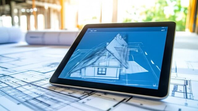 Digital blueprint on tablet atop printed architectural drawings