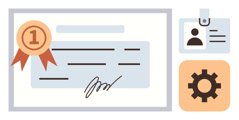 Award document with ribbon and signature, ID badge for identity, and gear for process symbol. Ideal for recognition, certification, achievement, accomplishment, validation, process and training
