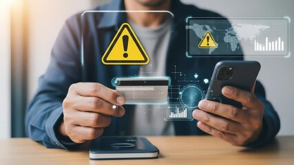 Man uses credit card banking and smartphone for online payment, facing digital fraud alert and cybersecurity threat, highlighting phishing and financial transaction vulnerability. - Powered by Adobe