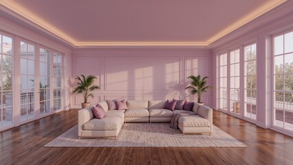 Spacious living room with soft purple background