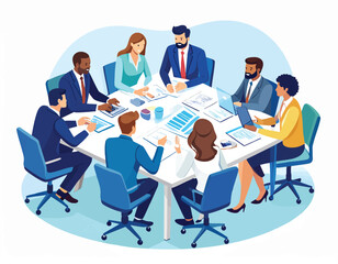 A business meeting of eight diverse professionals around a square table with documents laptops and calculators
