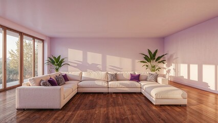 Spacious living room with soft purple background