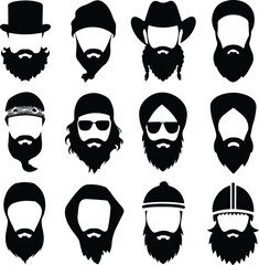Trendy Beard Silhouettes – Grooming and Style Icon Collection Beard Icon Silhouette Set – Stylish Male Facial Hair Vector Pack